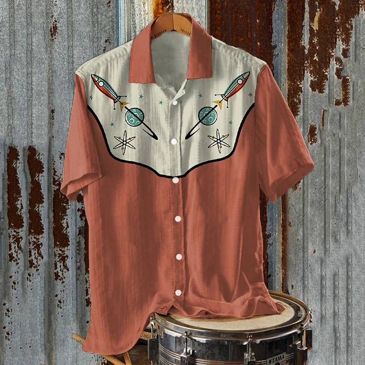 Men's Vintage Western 1950s Interstellar Atomic Print Casual Shirt