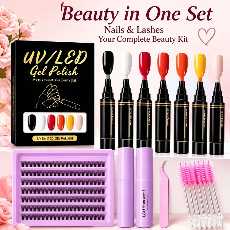 2-in-1 DIY Nail & Lash Beauty Kit &ndash; 6-Color UV/LED Gel Polish, Cluster False Eyelashes, Lash Remover, Precision Tweezers & Mascara Brushes, Complete At-Home Beauty Gift Set