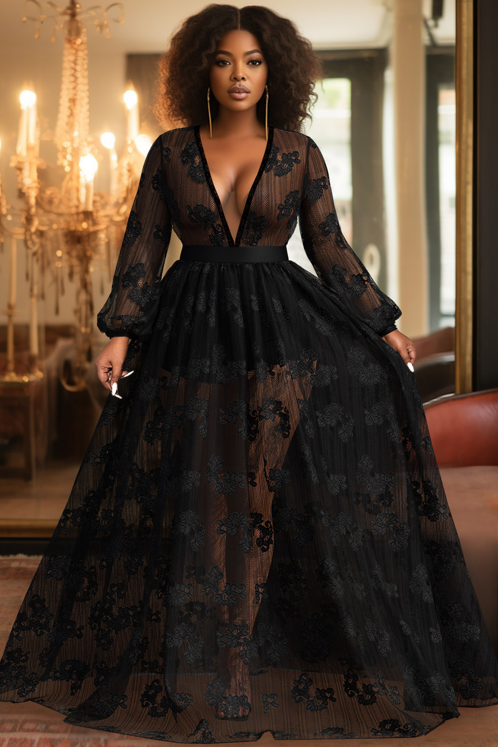 Design Plus Size Party Maxi Dresses Black Fall Winter V Neck Tulle Long Sleeve See-Through Lace Maxi Dresses