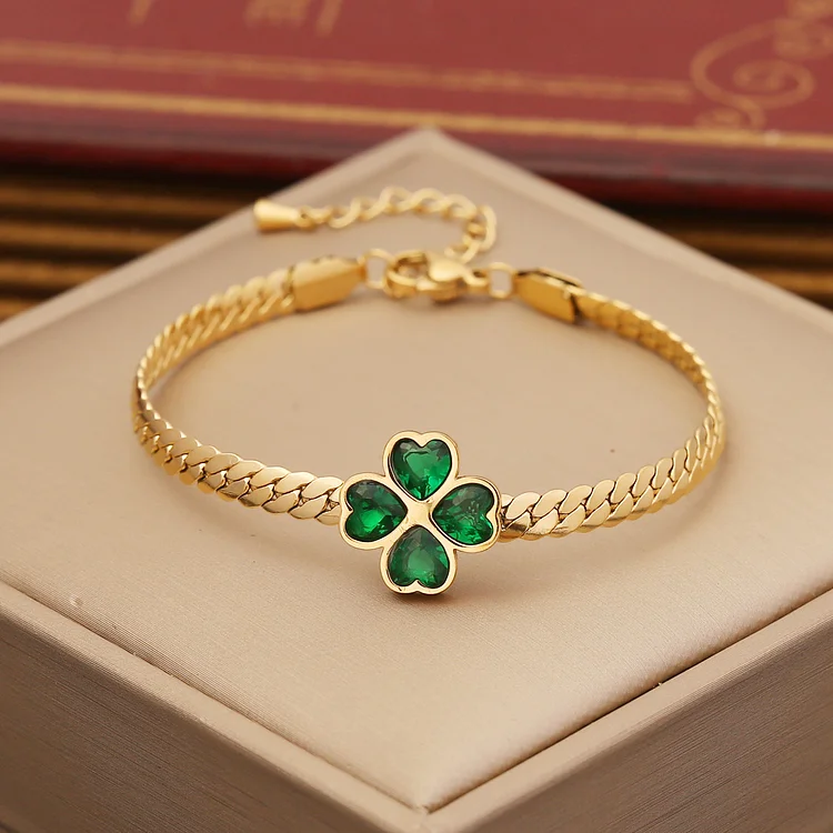 Four Leaf Clover Necklace Bracelet Ring Emerald Jewelry Set for Her