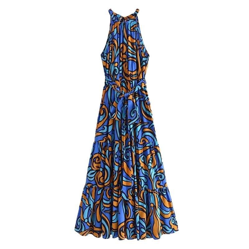 KPYTOMOA Women 2021 Chic Fashion With Belt Printed Ruffle Midi Dress Vintage Halter Collar Back Bow Tied Female Dresses Mujer