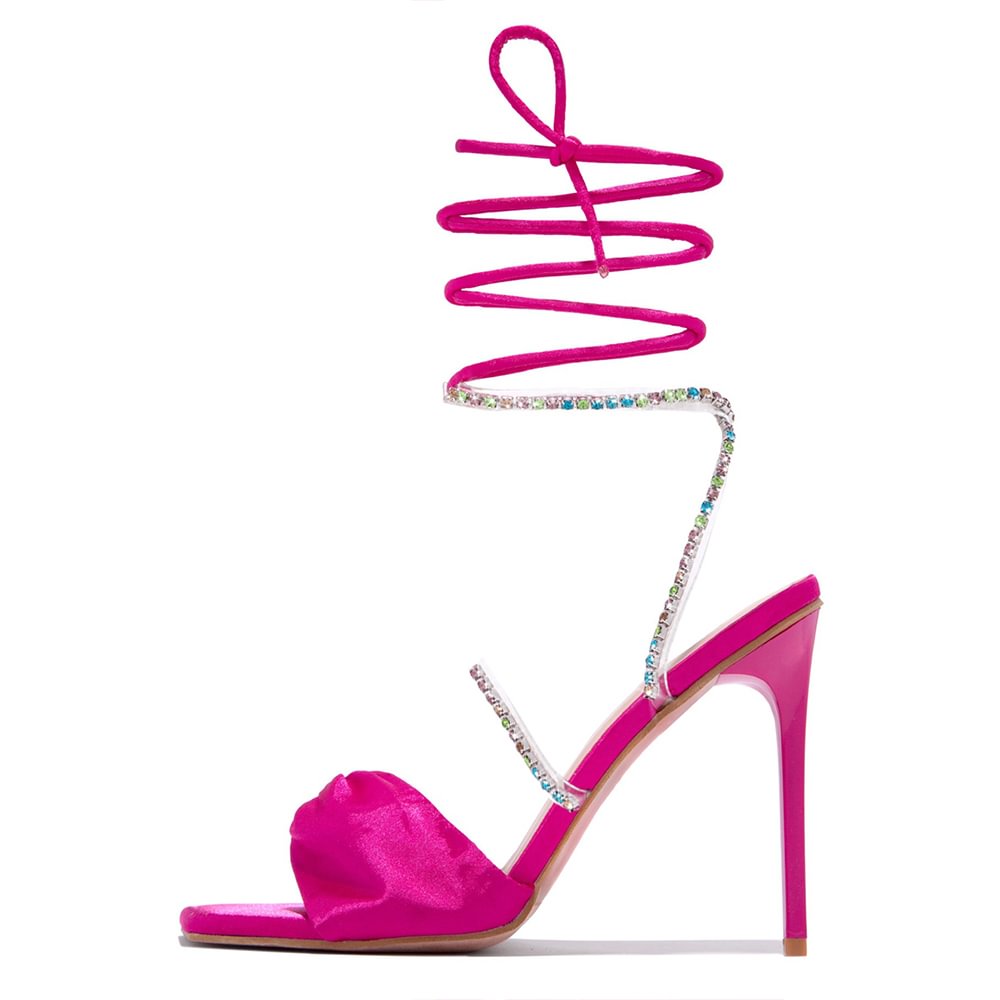Pink Satin Opened Square Toe Sandals With Colorful Rhinestone Cross Chain Decor Slingback Lace Up Cross Strappy Stiletto Heels Nicepairs