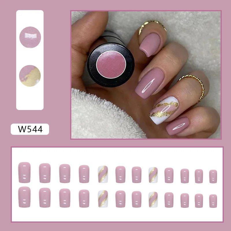 Churchf Churchf Long European Square Pure Color Nail Stripe Gold Leaf False Nail Ins Wind Sweet Wear Nail Piece