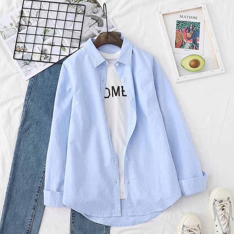 2022 Spring 100% Cotton Blouses Womens Shirts Blue White Long Sleeve Lady Tops Female Outwear Clothes Solid Color Good Quality