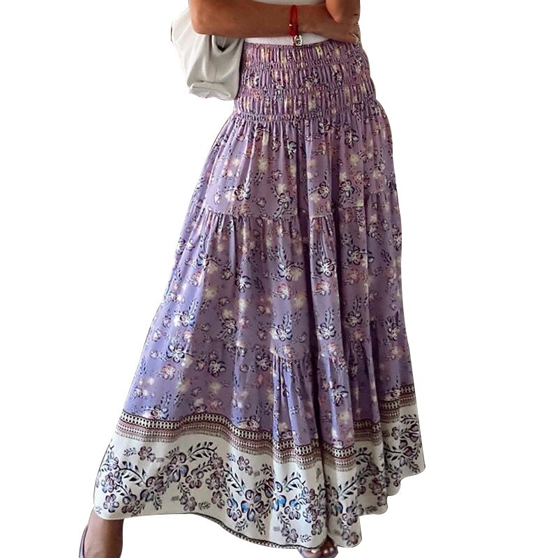 New Women's Printing Skirts Elastic High Waist Long Skirt Floral Pleated A-line Boho Skirts