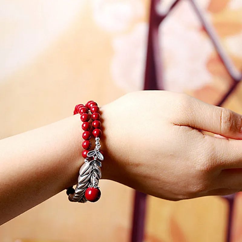 Silver Cinnabar Wheat Pattern Blessing Bracelet