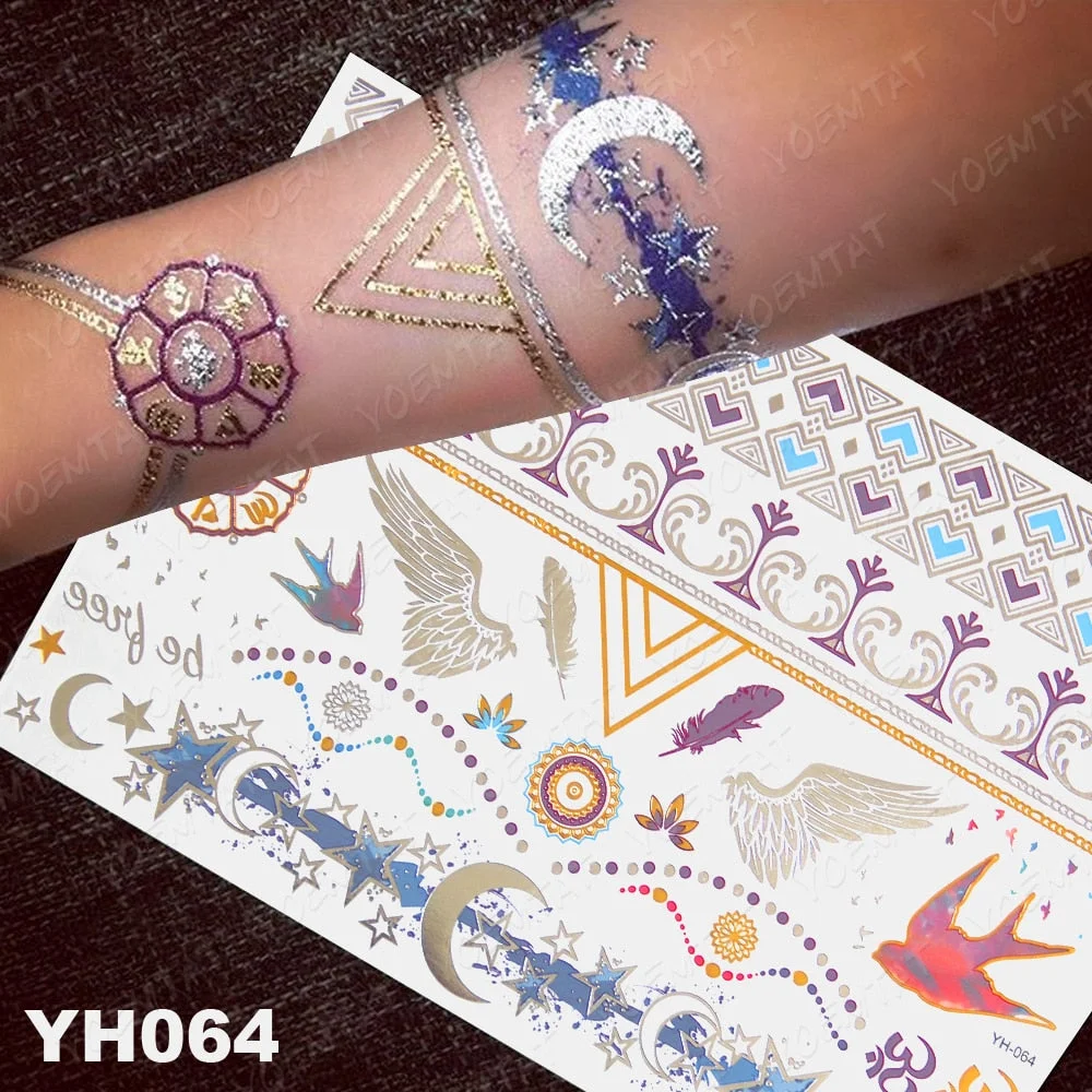 Waterproof Temporary Tattoo Sticker Gold Silver Henna Indian Hand Painted Glitter Tattoos Women Mandala Flower Feather Body Art