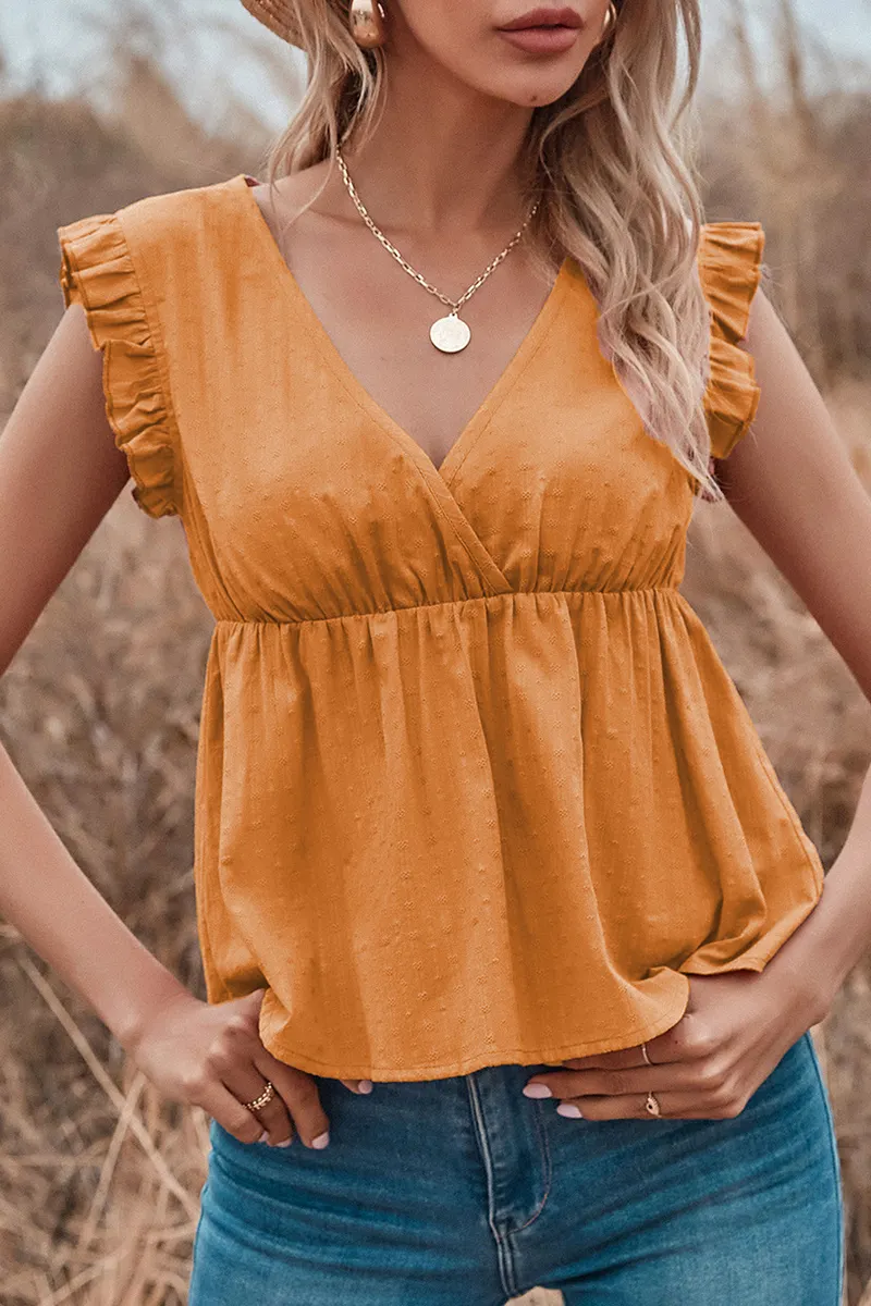Elegant Solid Stringy Selvedge V Neck Tops