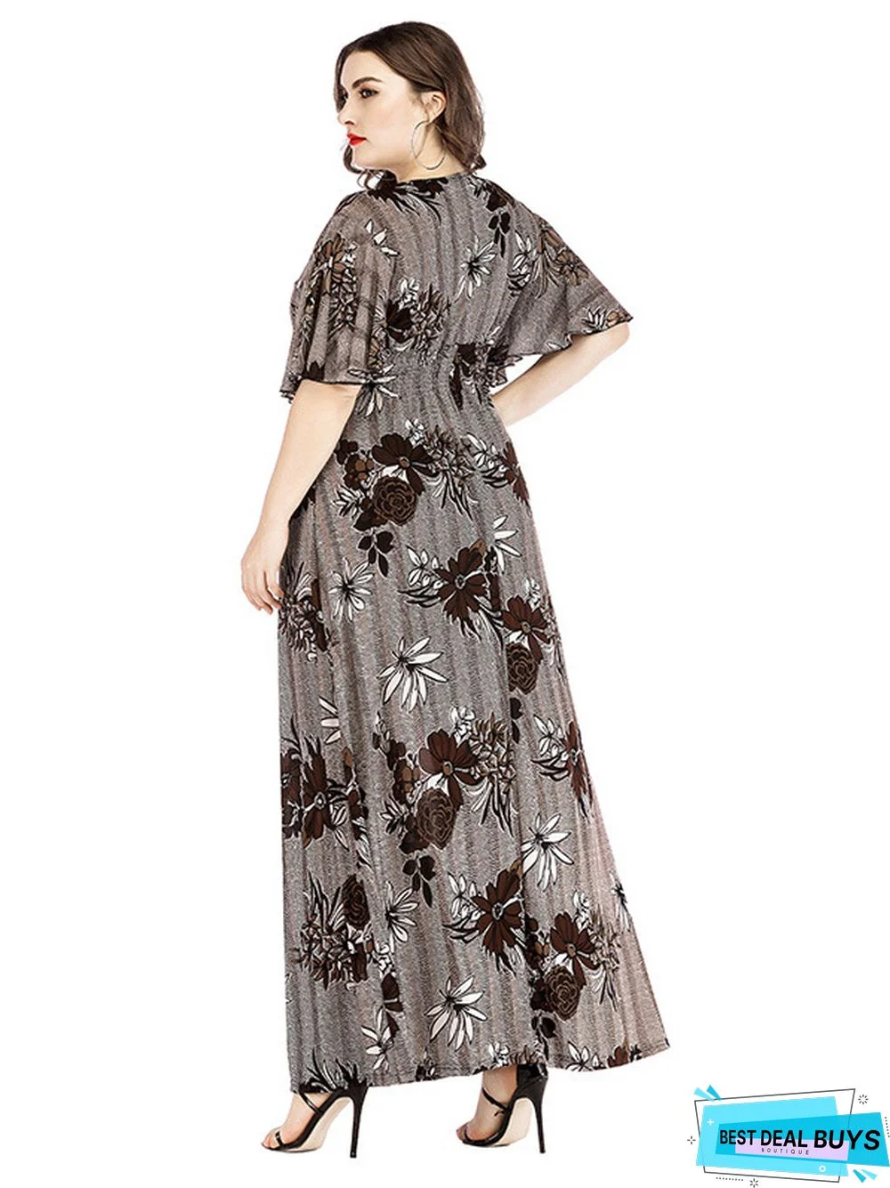 V-Neck Printed Long Skirt Plus Size Dress