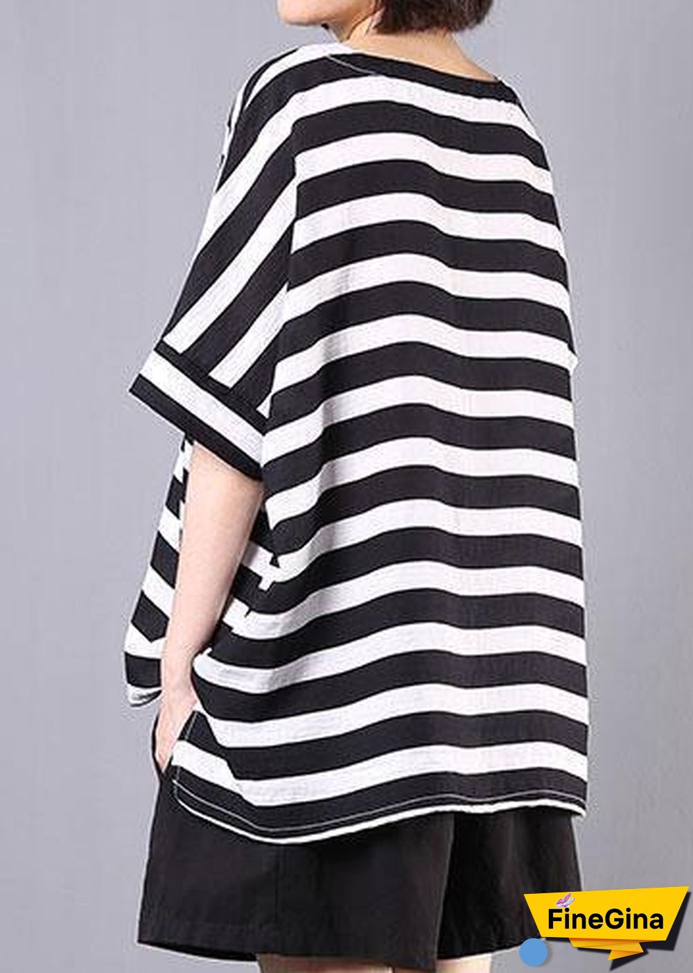 2019 new cotton blended black striped short sleeve pullover with elastic waist short two pieces