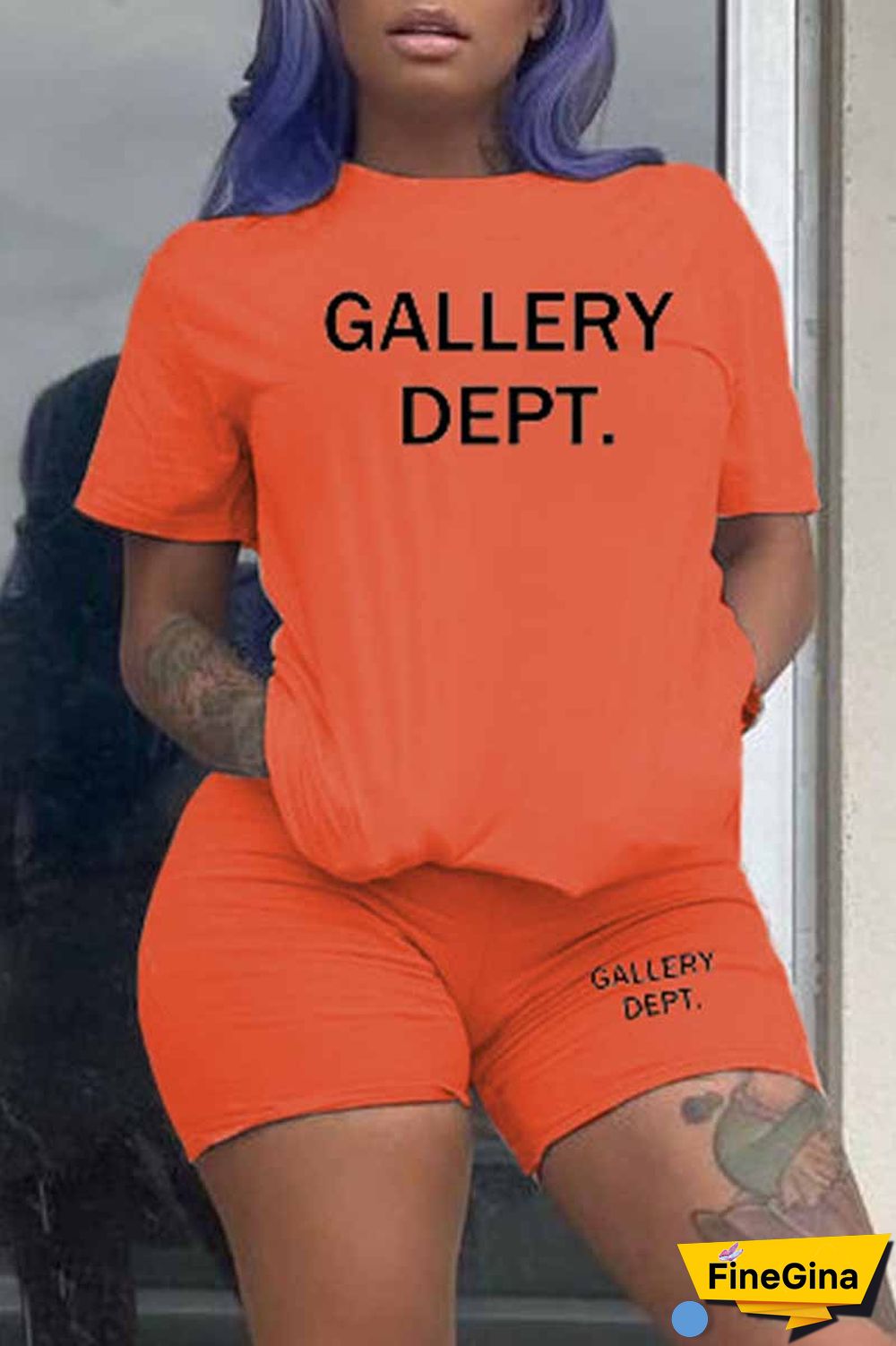 Purple Casual Print Letter O Neck Short Sleeve Two Pieces