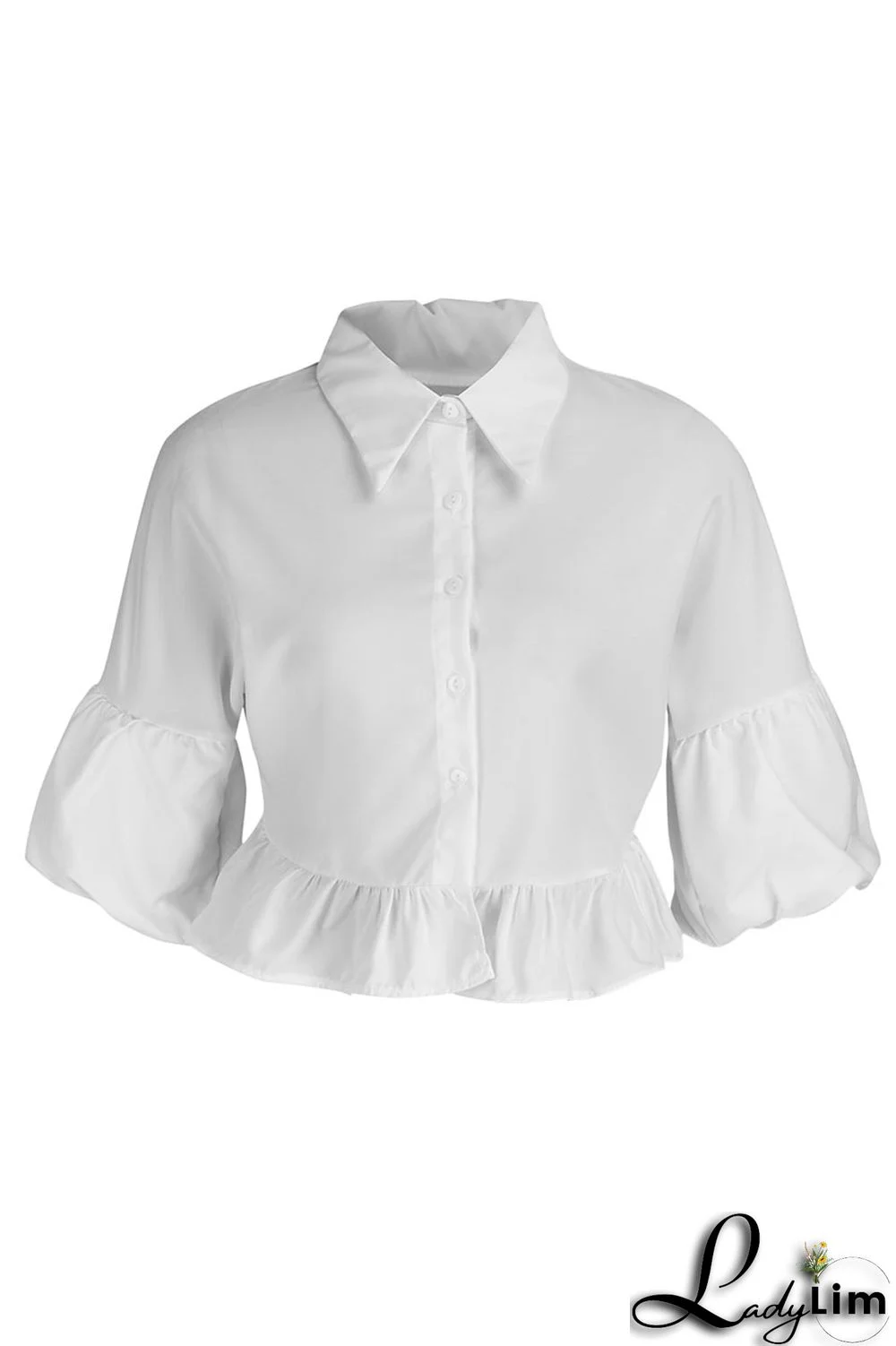 White Casual Solid Split Joint Buckle Turndown Collar Tops