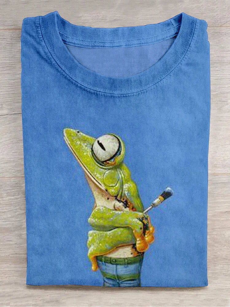 Unisex Frog Painter Art Print Crew Neck Short Sleeve T-Shirt