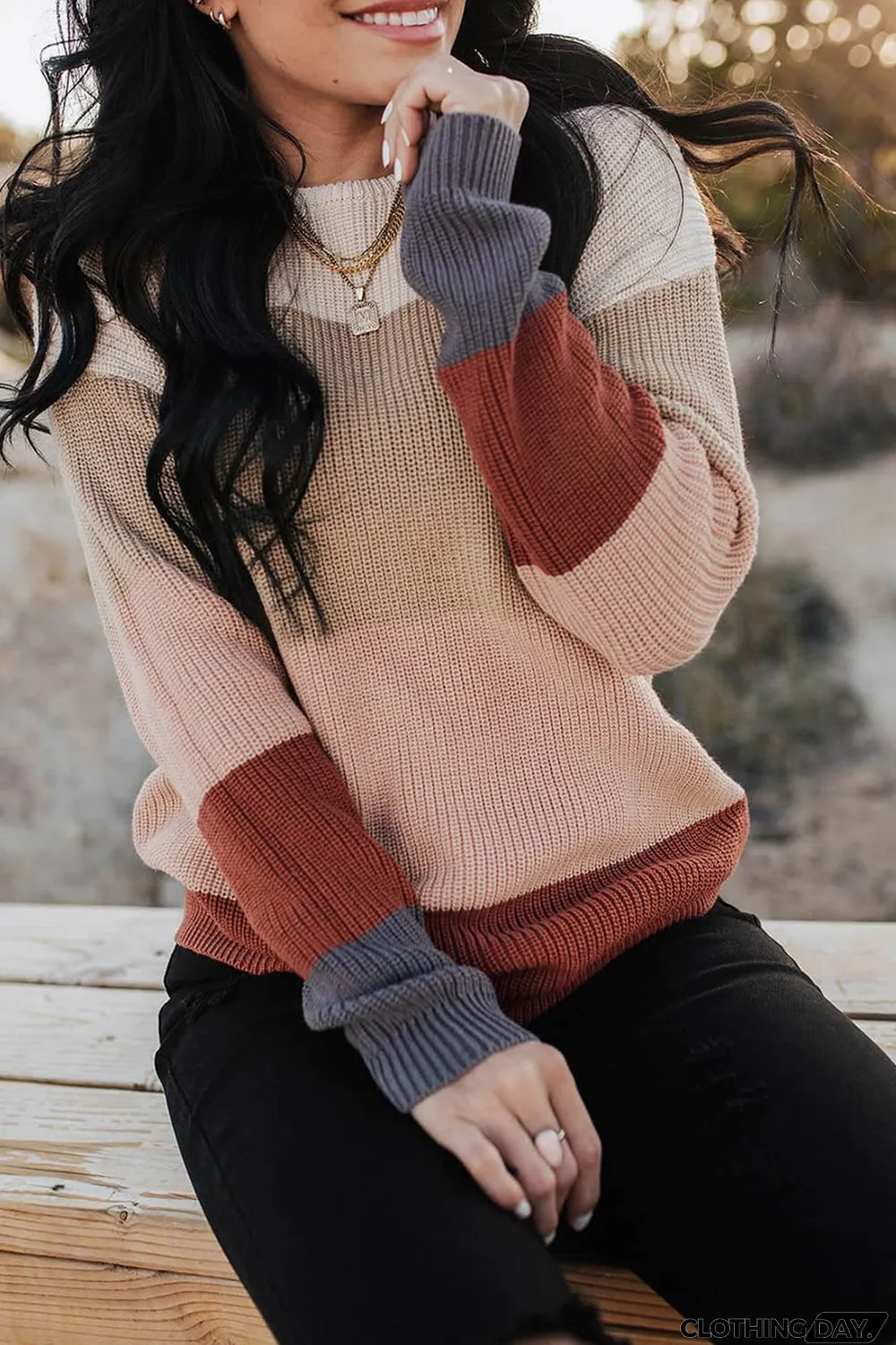 Khaki Color Block Knitted O-neck Pullover Sweater