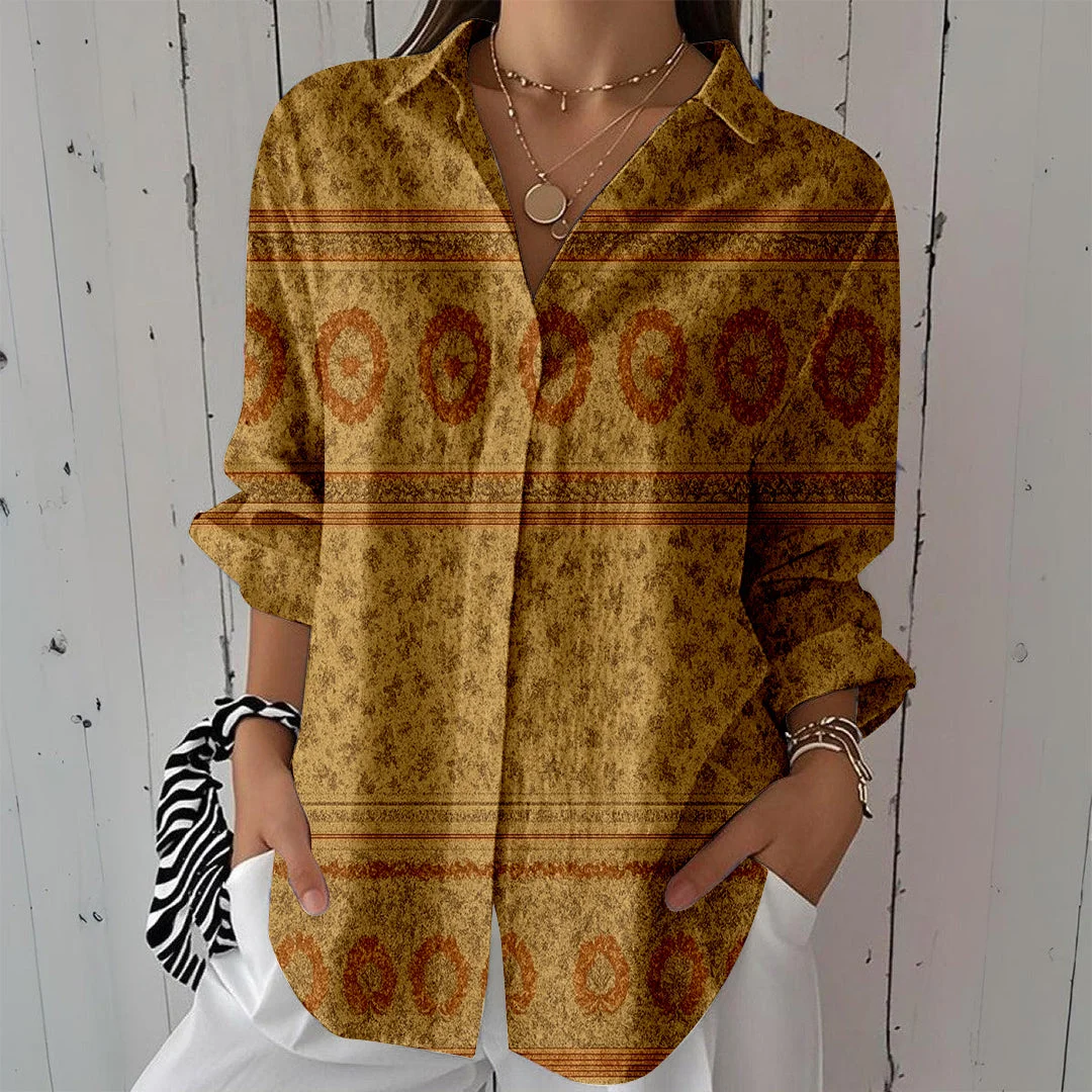 Style & Comfort for Mature Women Women Retro, Khaki DZCL0335 3/4 Sleeve Shirt Collar Printed Button Tops