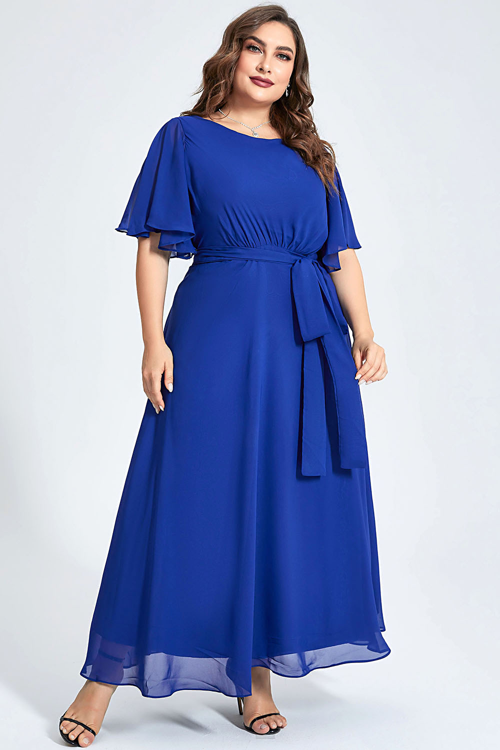 Flycurvy Plus Size Formal Royal Blue Chiffon Ruffle Sleeve Lace-Up Tunic Empire Waist Maxi Dress 2024 - Flycurvy 