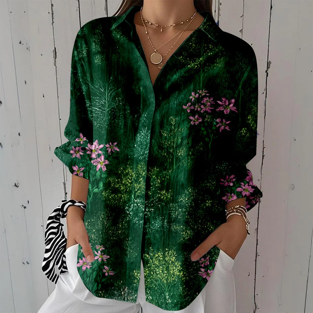 Style & Comfort for Mature Women Women Floral,Green DZCL0026 3/4 Sleeve Shirt Collar Printed Button Tops