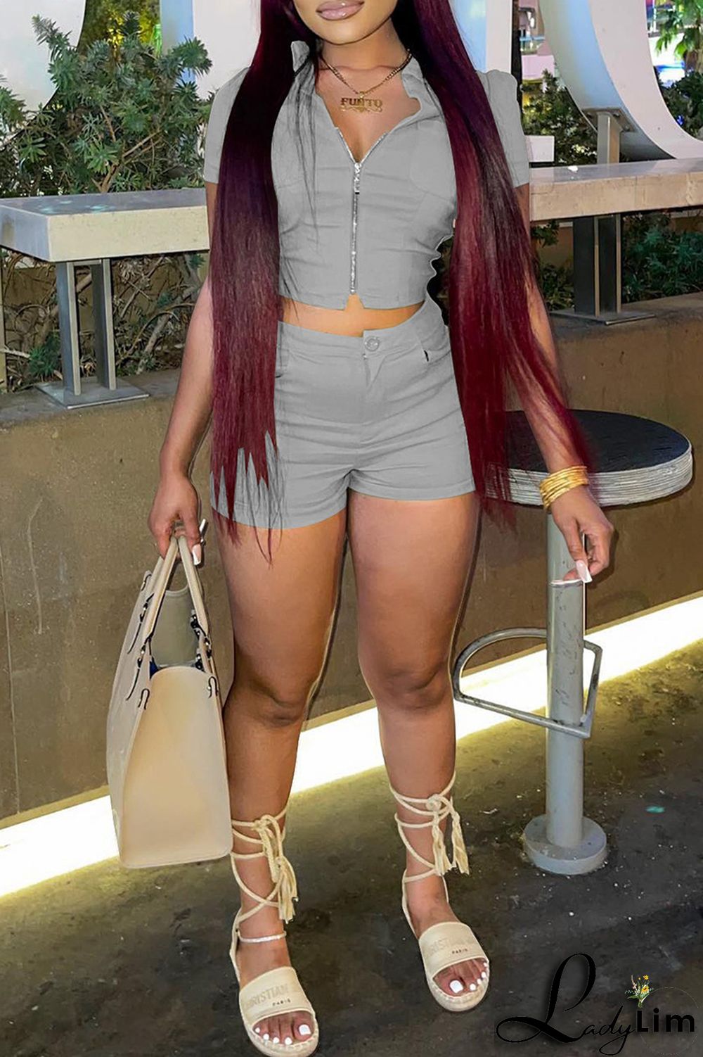 Khaki Fashion Casual Solid Basic Zipper Collar Short Sleeve Two Pieces