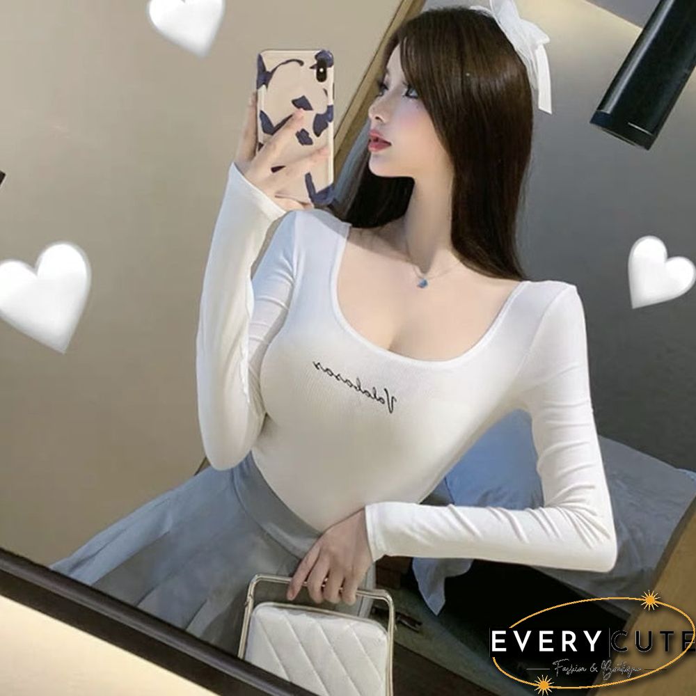 Letter Print Short Crop Top Long Sleeve Slim Fit Top Women Big Round Neck T-Shirt Black White