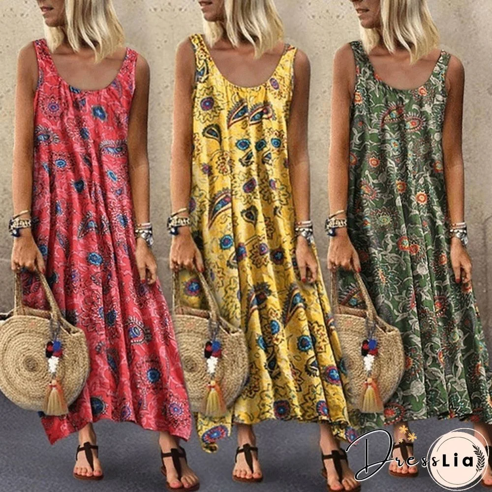 Women Summer Off Sholuder Round Neck Printed Big Swing Loose Casual Holiday Beach Long Dress