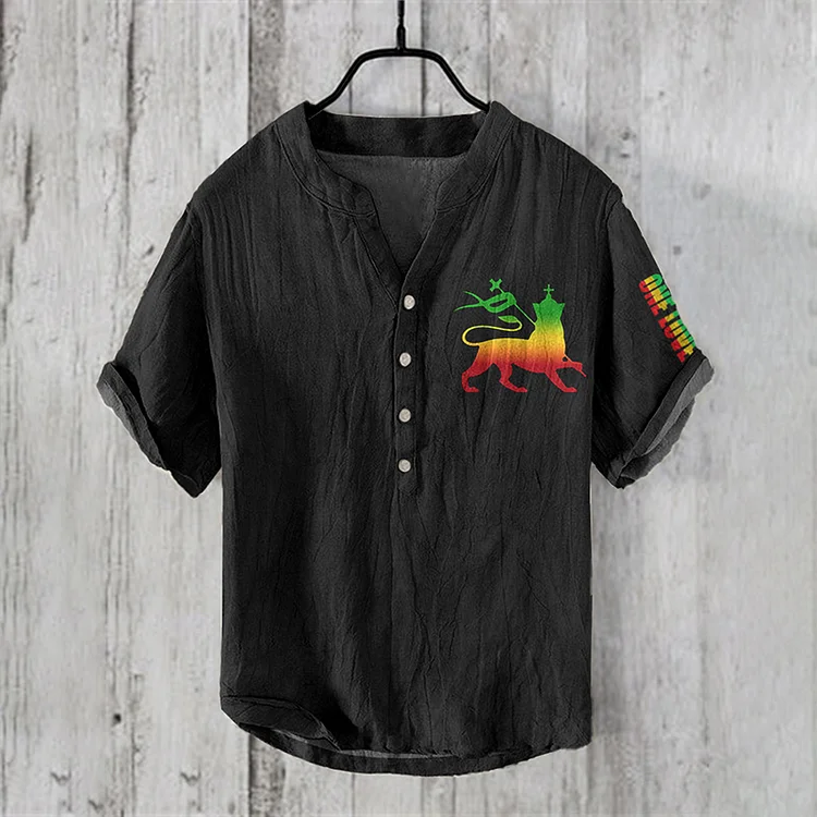 Retro Reggae Lion One Love Art Print V Neck Casual Linen Blend Shirt