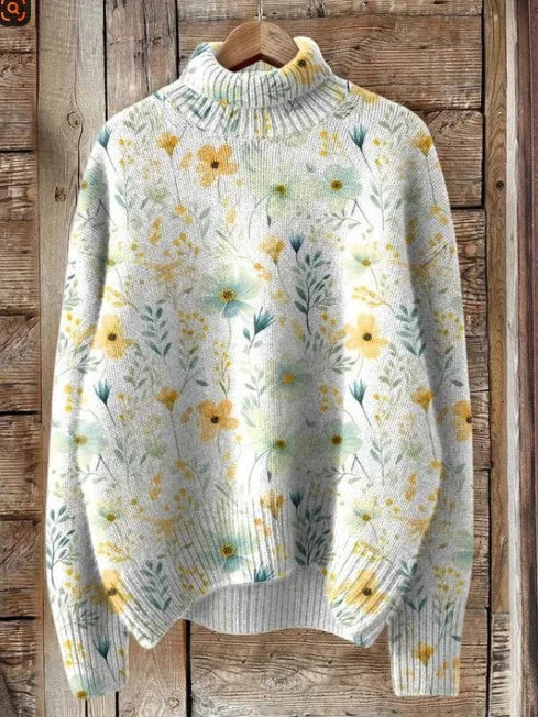Women's Long Sleeve Turtle Neck Floral Printed Sweaters