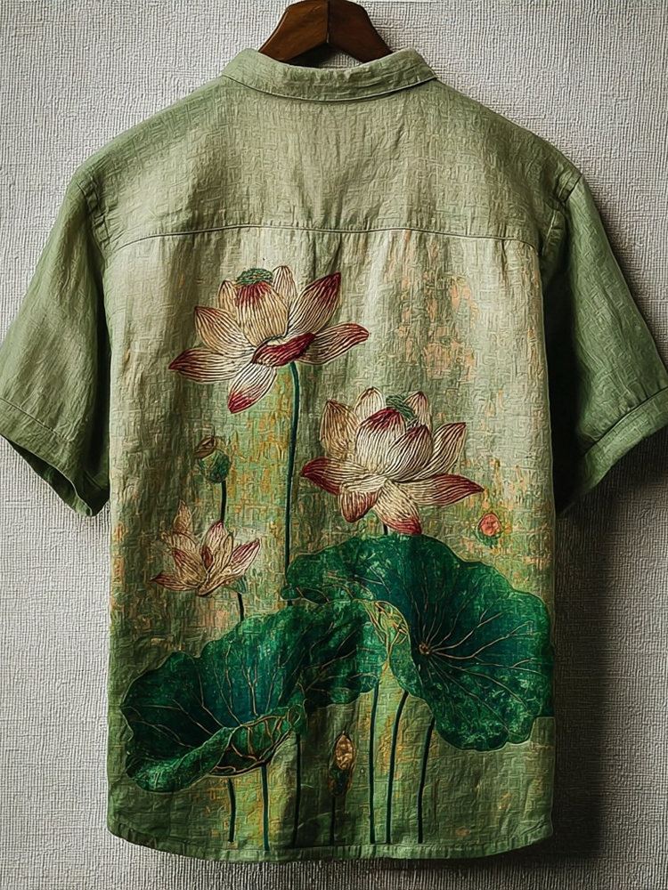 Vintage Lotus Embroidered Short Sleeve Linen Shirt  artssus
