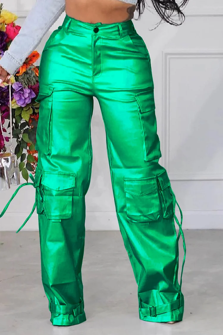 Plus Size Daily Pant Green Metallic Straight Leg Cargo Pant With Pocket [Pre-Order]