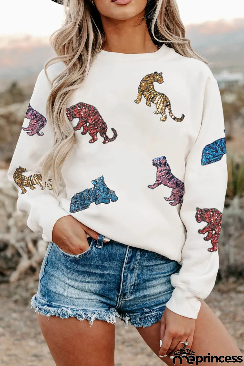 Beige Sequined Tiegers Casual Round Neck Sweatshirt