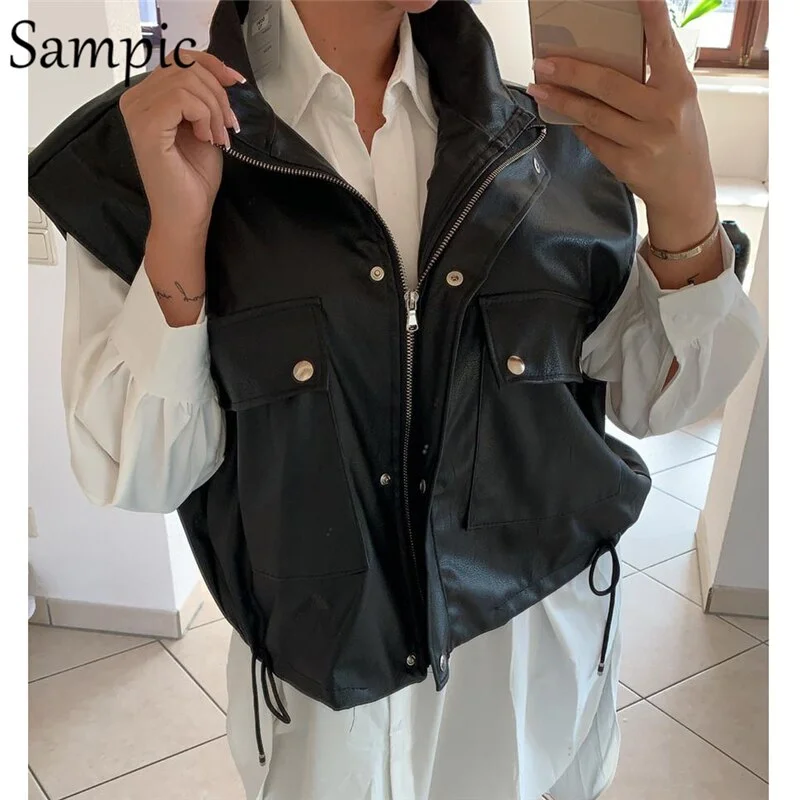 Sampic Fashion Waistcoat PU Leather Black Pocket Winter Jacket Women Tops 2020 Short Sleevless Autumn Khaki Coat Vest Femme