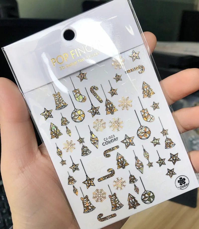 1PC 3D Nail Stickers Christmas Self-Adhesive Slider Sparkly Gold Red Snowflake Nail Art Decorations Decals Manicure Accessories-Nail Inspo
