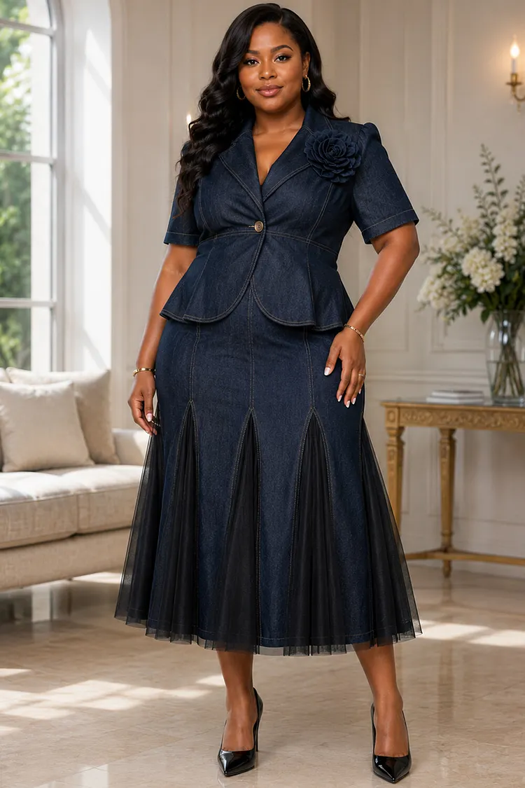 Xpluswear Design Plus Size Business Casual Navy Blue Turndown Collar Short Sleeve Contrast 3D Tencel Denim Two Piece Skirt Sets [Pre-Order] 2024 - Xpluswear