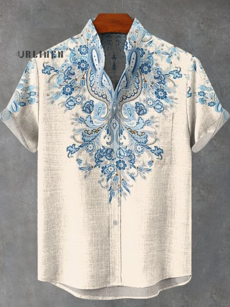 Blue Ethnic Pattern Print Vintage Print Casual 100% Cotton Shirt