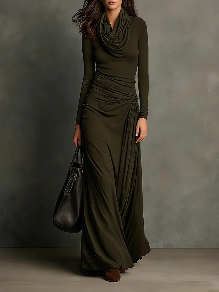 Olive Green Turtleneck Pleated Maxi Dress