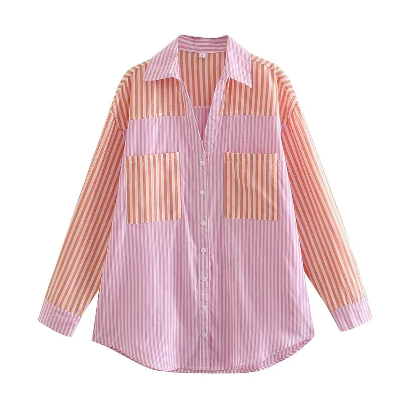 Stylish Chic Pockets Striped Patchwork Blouse Women 2021 Fashion Lapel Collar Long Sleeve Shirts Female Casual Tops