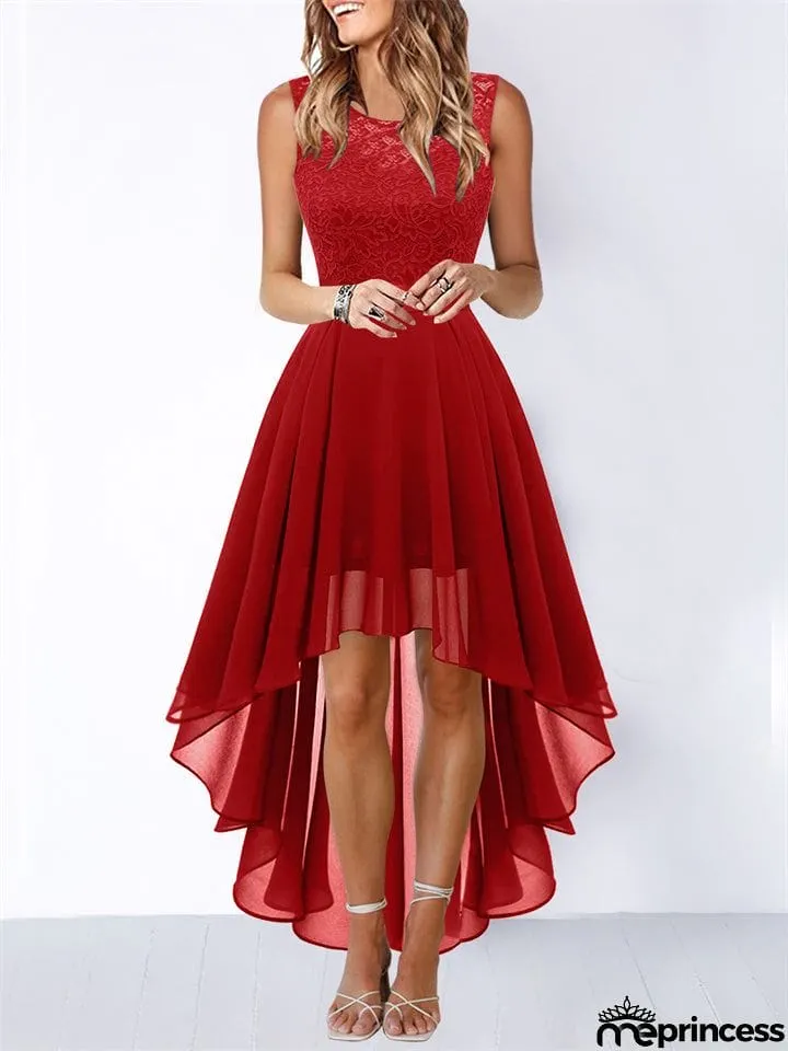 Women's Lace Splicing Round Neck Backless Chiffon Elegant Dress