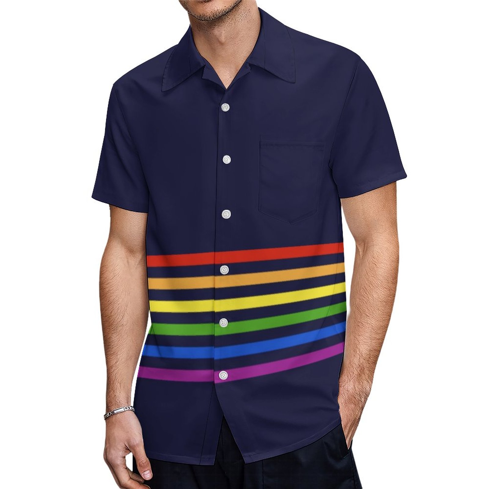Retro Rainbow Stripes Navy Blue Monogrammed Heart Hawaiian Shirt Mens Button Down Tropical Hawaii Beach Shirts