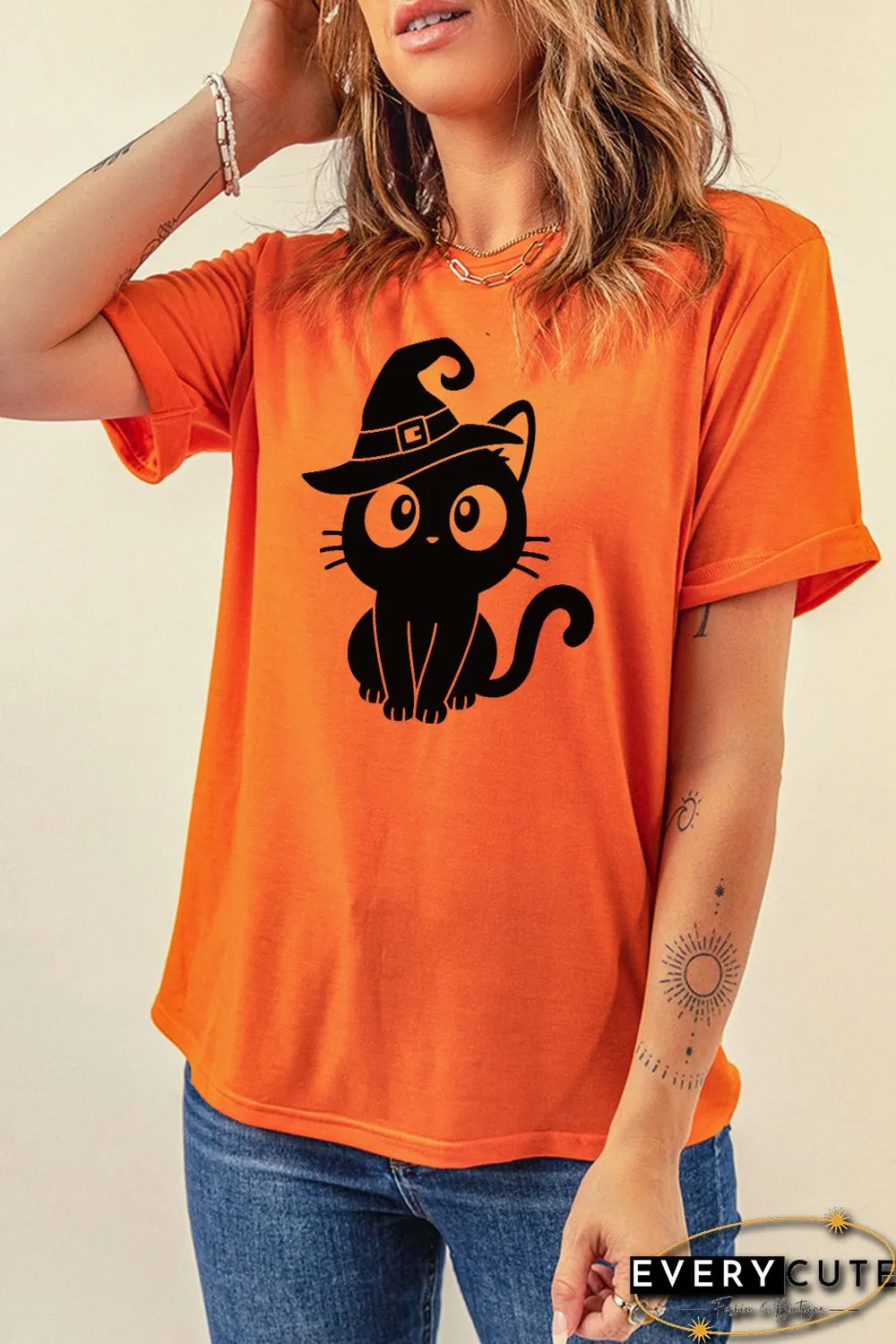 Orange Black Cat Graphic Print Short Sleeve T Shirt