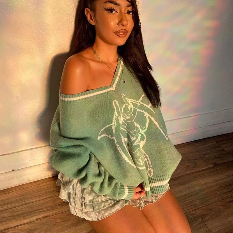 HEYounGIRL  Preppy Style Oversized Knitted Sweater Women Casual V Neck Autumn Jumper Ladies Print Fashion Pullover Knitwear 2021