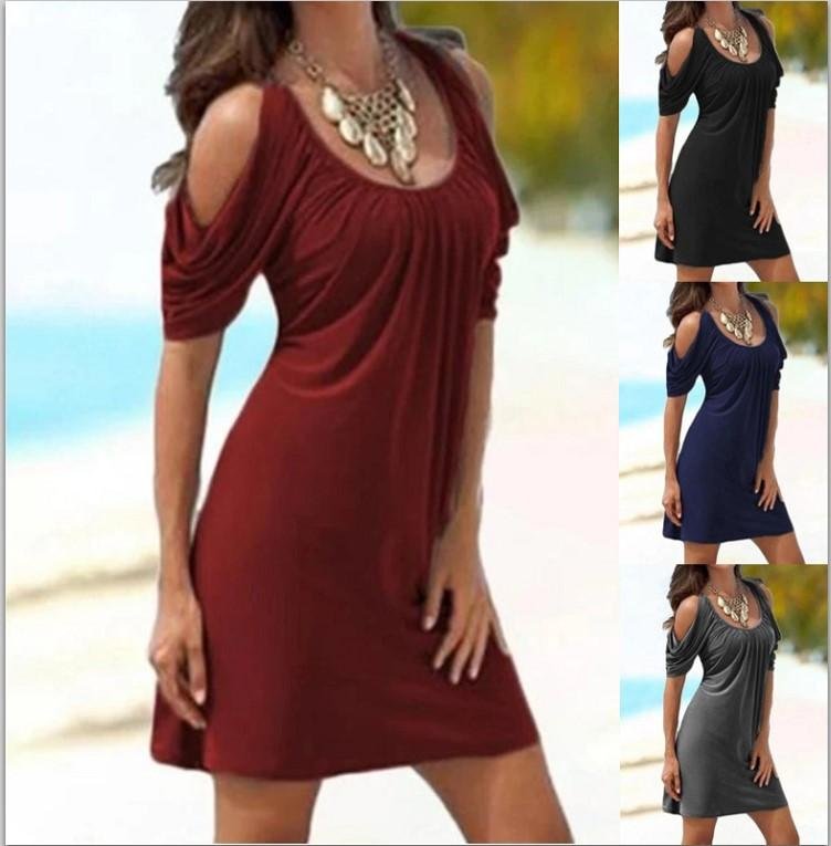 Round Neck Hollow Short Sleeve Fashion Solid Color Dress 4 Colors Beach Dress