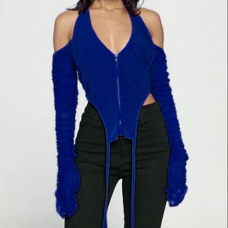 Hugcitar 2021 Long Stacked Sleeve Halter Zipper Patchwork Sexy Crop Top Autumn Winter Women Fashion Streetwear Tshitrs Club Tees