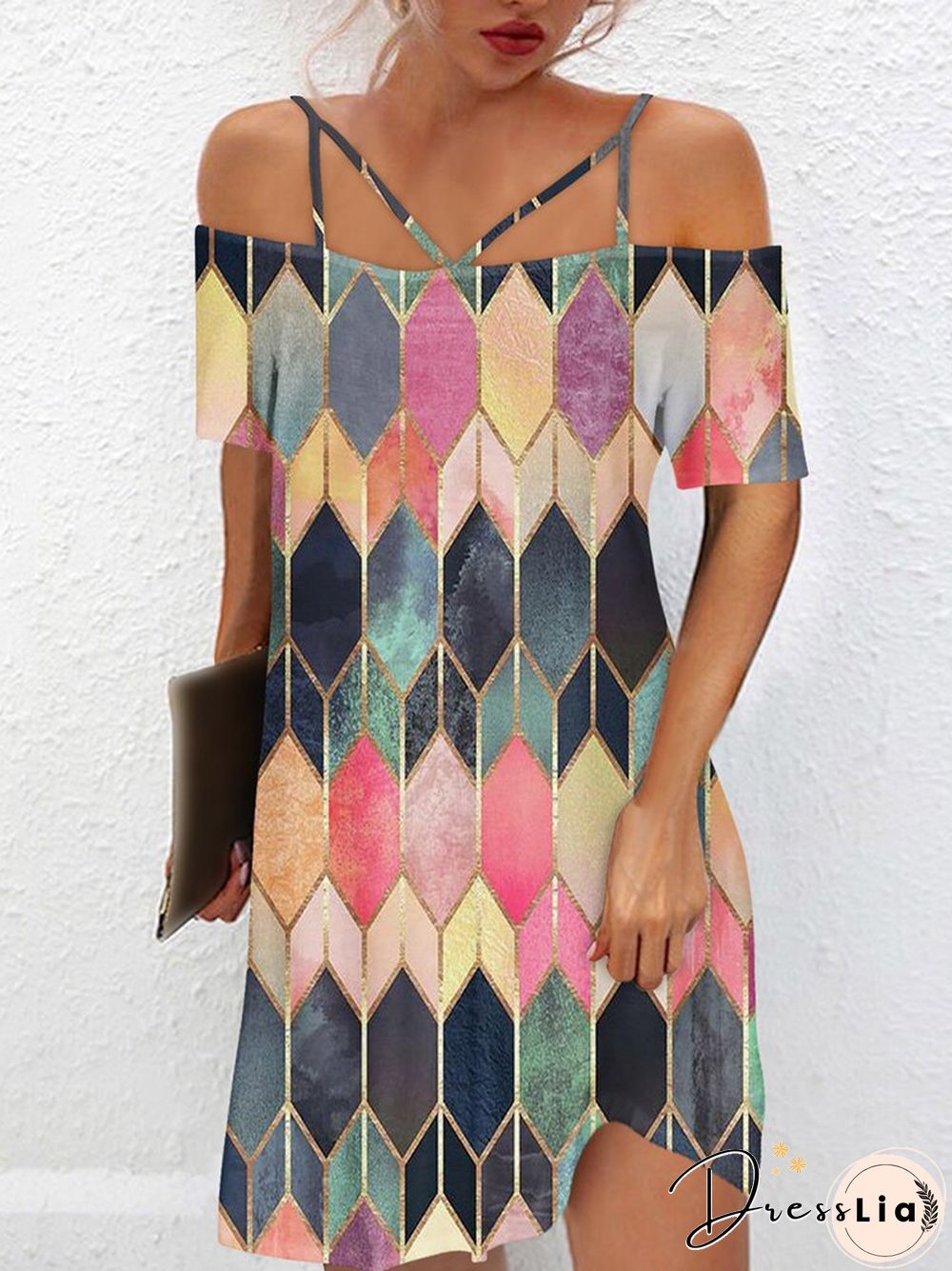 Vintage One-Line Neck Cross Strap Dress Women Summer Sexy Short Sleeve Backless Mini Dress Ladies Fashion Printed Loose Dresses