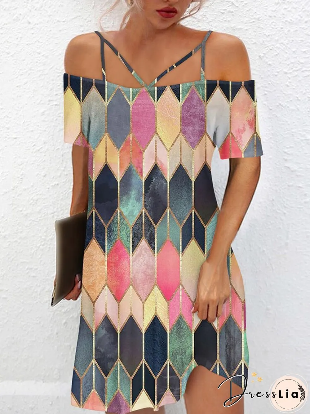 Vintage One-Line Neck Cross Strap Dress Women Summer Sexy Short Sleeve Backless Mini Dress Ladies Fashion Printed Loose Dresses