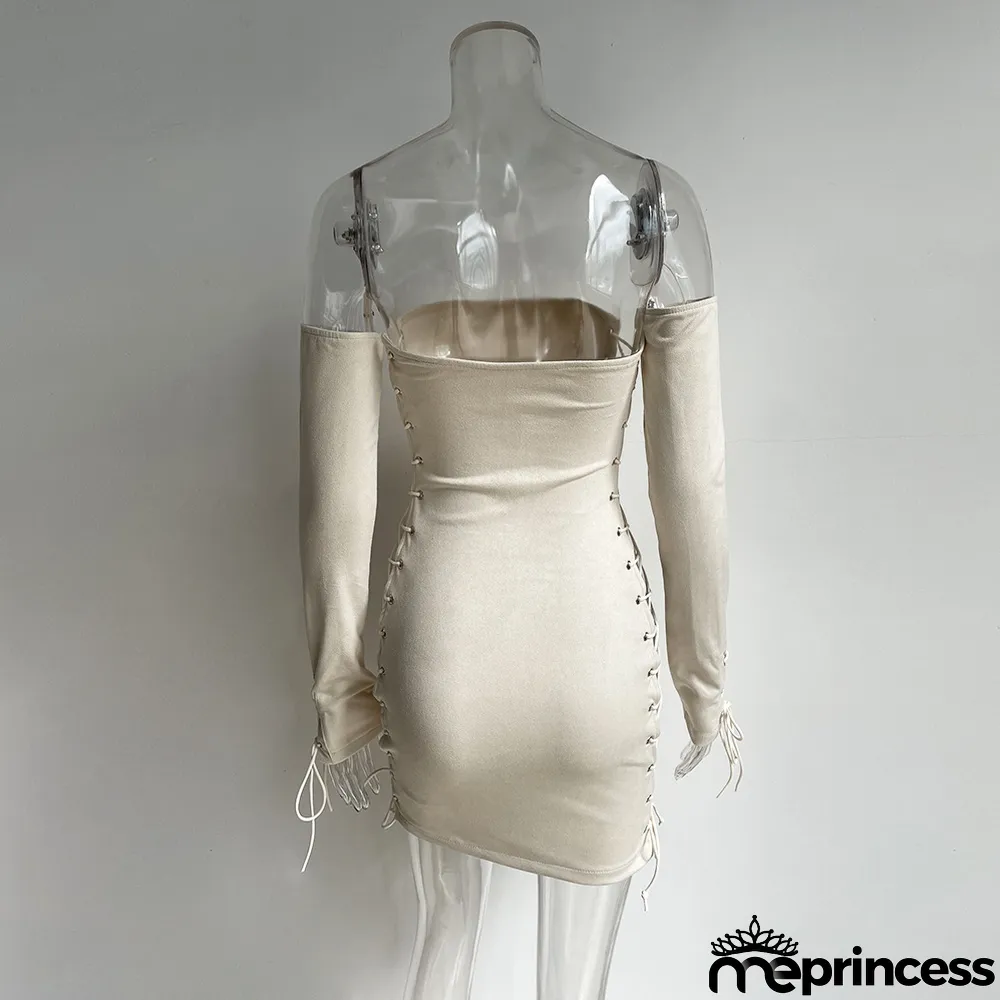 Summer Solid Color Strapless Lace-Up Club Dress With Sleeves