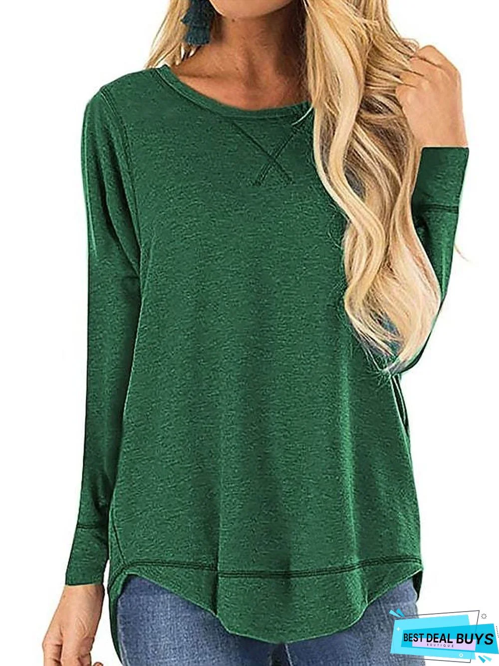 Women's T-Shirt Plain Solid Color Long Sleeve Round Neck Basic Casual Tops Cotton Black Green Sky Blue