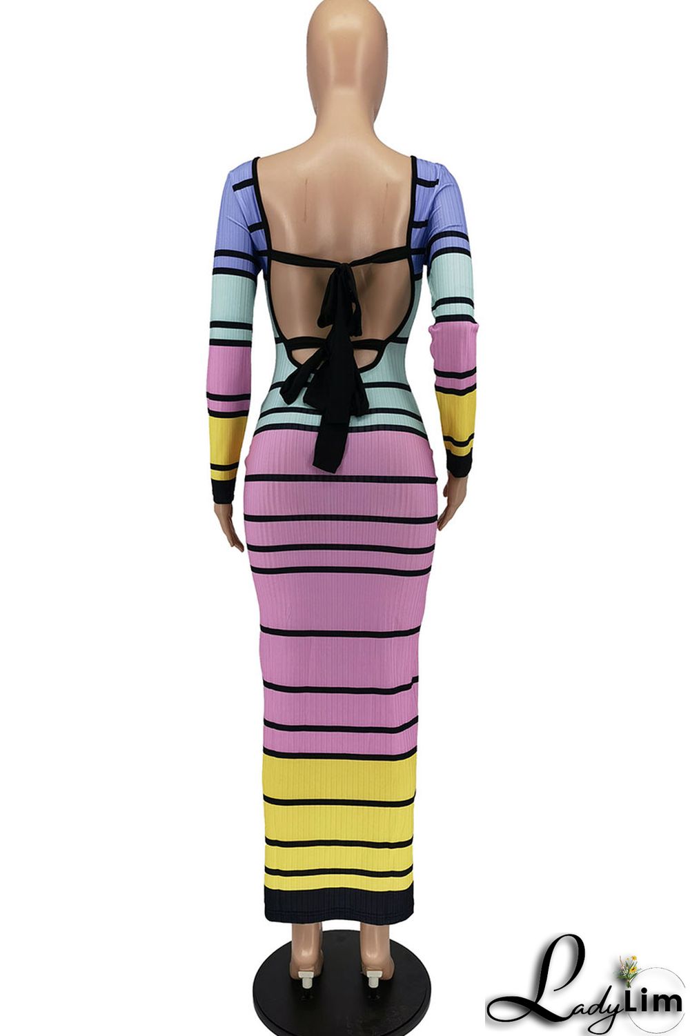 Pink Sexy Striped Print Patchwork V Neck Pencil Skirt Dresses