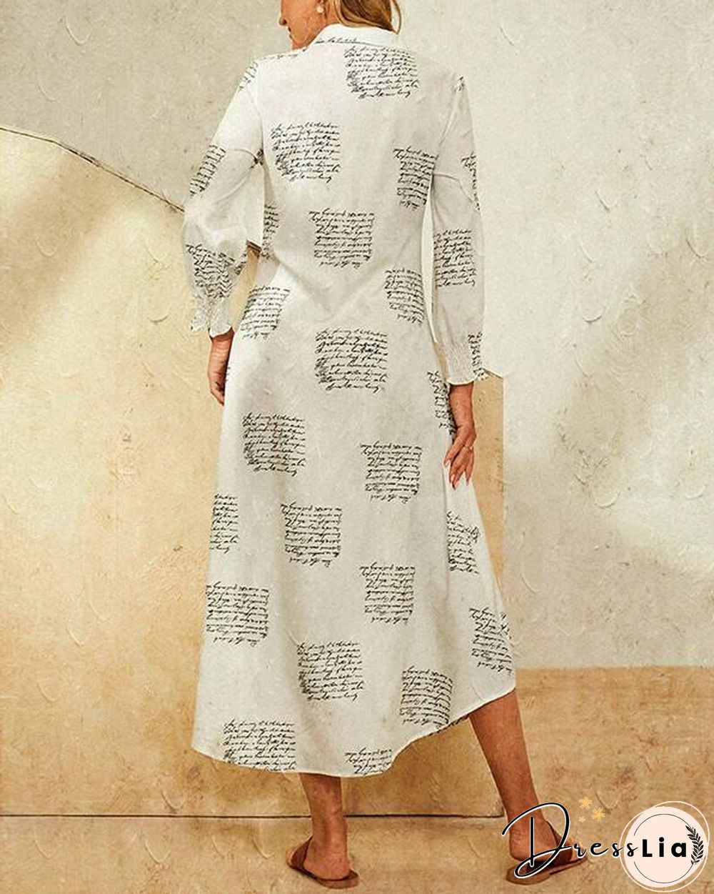 Leaves Print Lapel Button Long Sleeve Maxi Shirt Dress