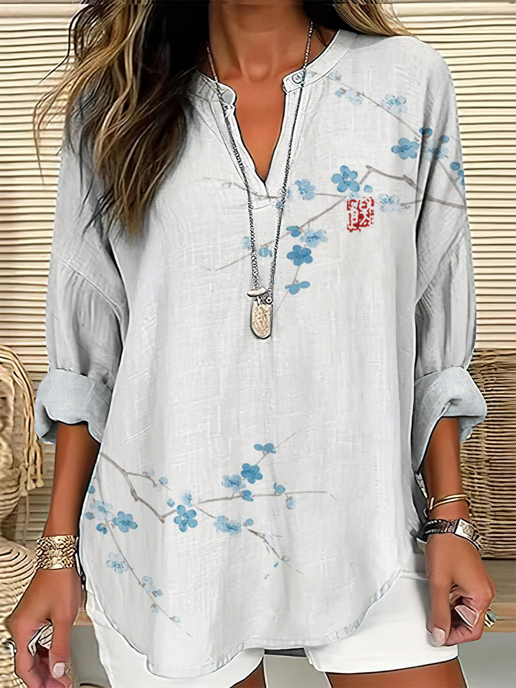 Comstylish Japanese Vintage Floral Art Linen Blend Tunic