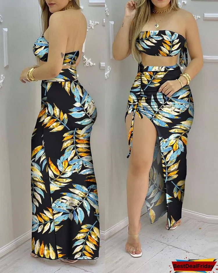 Tropical Print Bandeau Crop Top & Drawstring High Slit Skirt Sets P3524827035