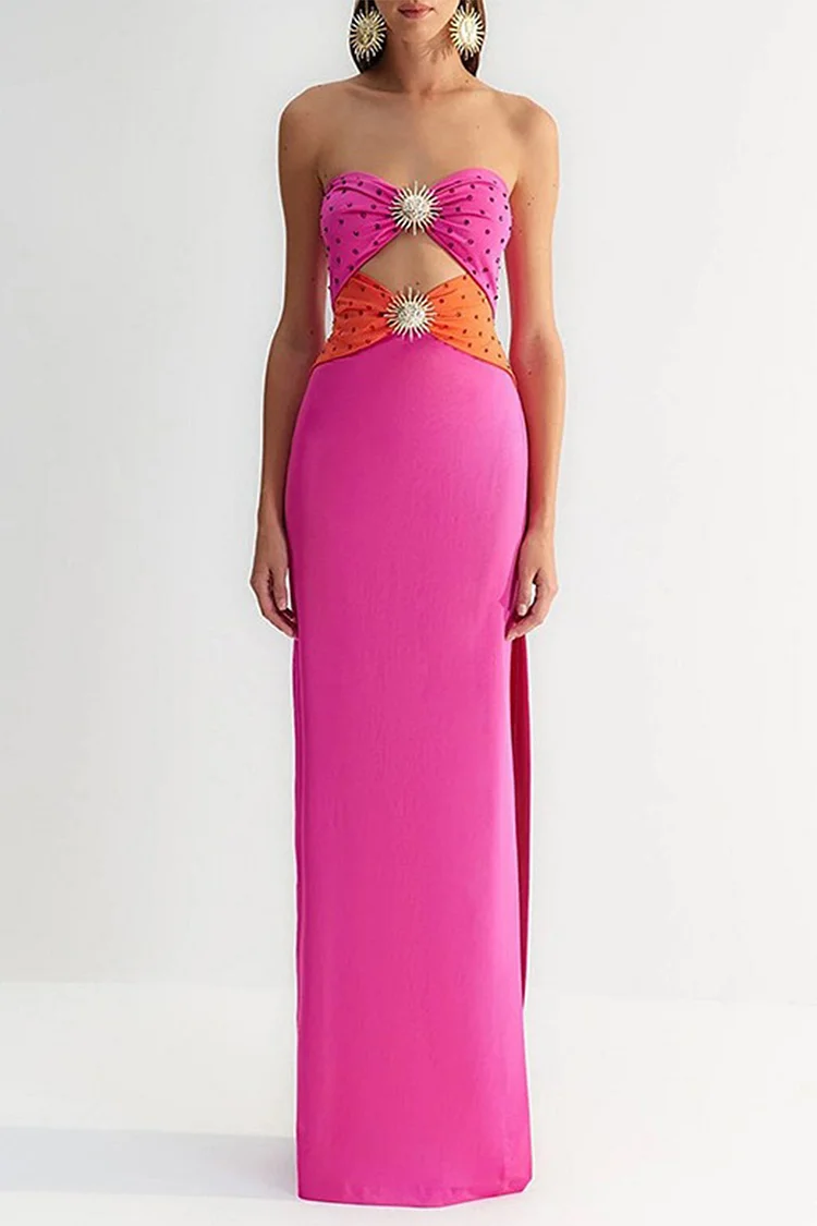 Colorblock Cut Out Rhinestone Side Slit Maxi Dress-Pink